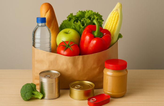  Groceries in a paper bag and on a table